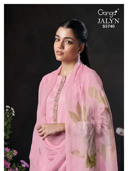 Shop Ganga Jalyn 3740 cotton satin suit with elegant embroidery & chiffon dupatta. Buy designer suits online at wholesale rate from Vardan Ethnic. (145 characters)