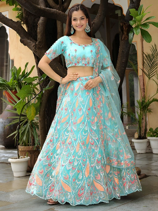 Bridesmaid Sky Blue Soft Net Embroidered Lehenga with Dupatta - Image 7