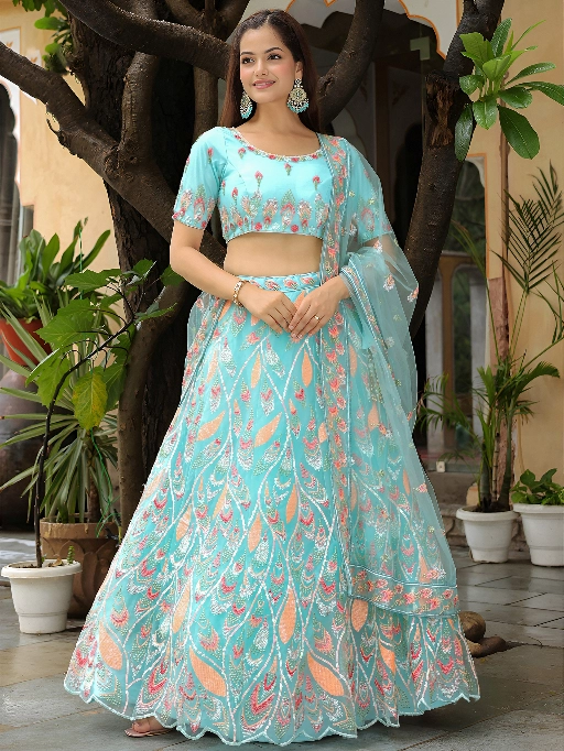 Bridesmaid Sky Blue Soft Net Embroidered Lehenga with Dupatta