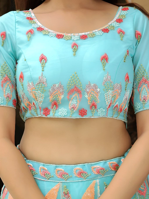 Bridesmaid Sky Blue Soft Net Embroidered Lehenga with Dupatta - Image 8