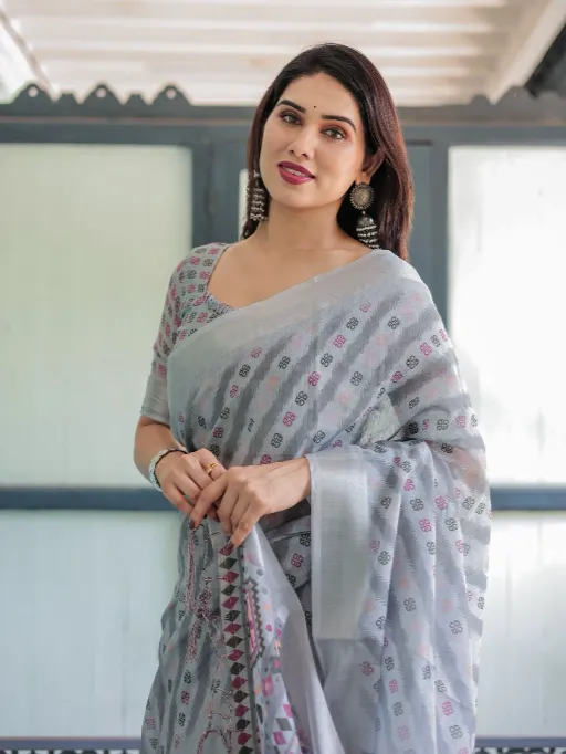LINEN 147 Pure Linen Ikat Print Saree Catalog - Image 3
