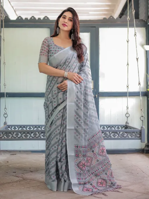 LINEN 147 Pure Linen Ikat Print Saree Catalog