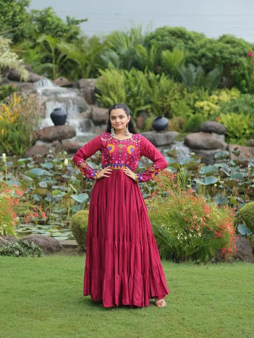 LW-9261 Readymade Navratri Rayon with Kutchi Gamthi Gown Collection