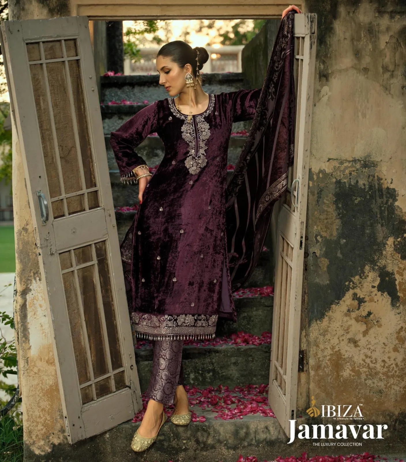 Ibiza Jamavar Viscsoe Velvet Beads Work Salwar Kameez