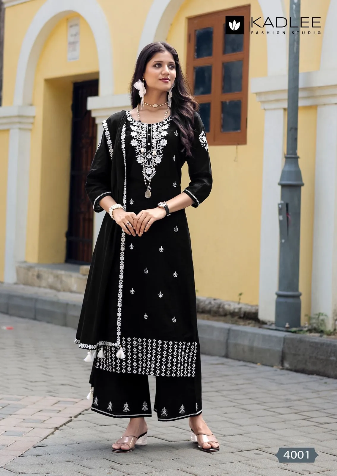 Kadlee Aarya Salli Pure Cotton Threadwork Kurti Pant and Dupatta Set — Designer Readymade Suits, Kadlee Fashion Studio wholesale from Surat — view 1
