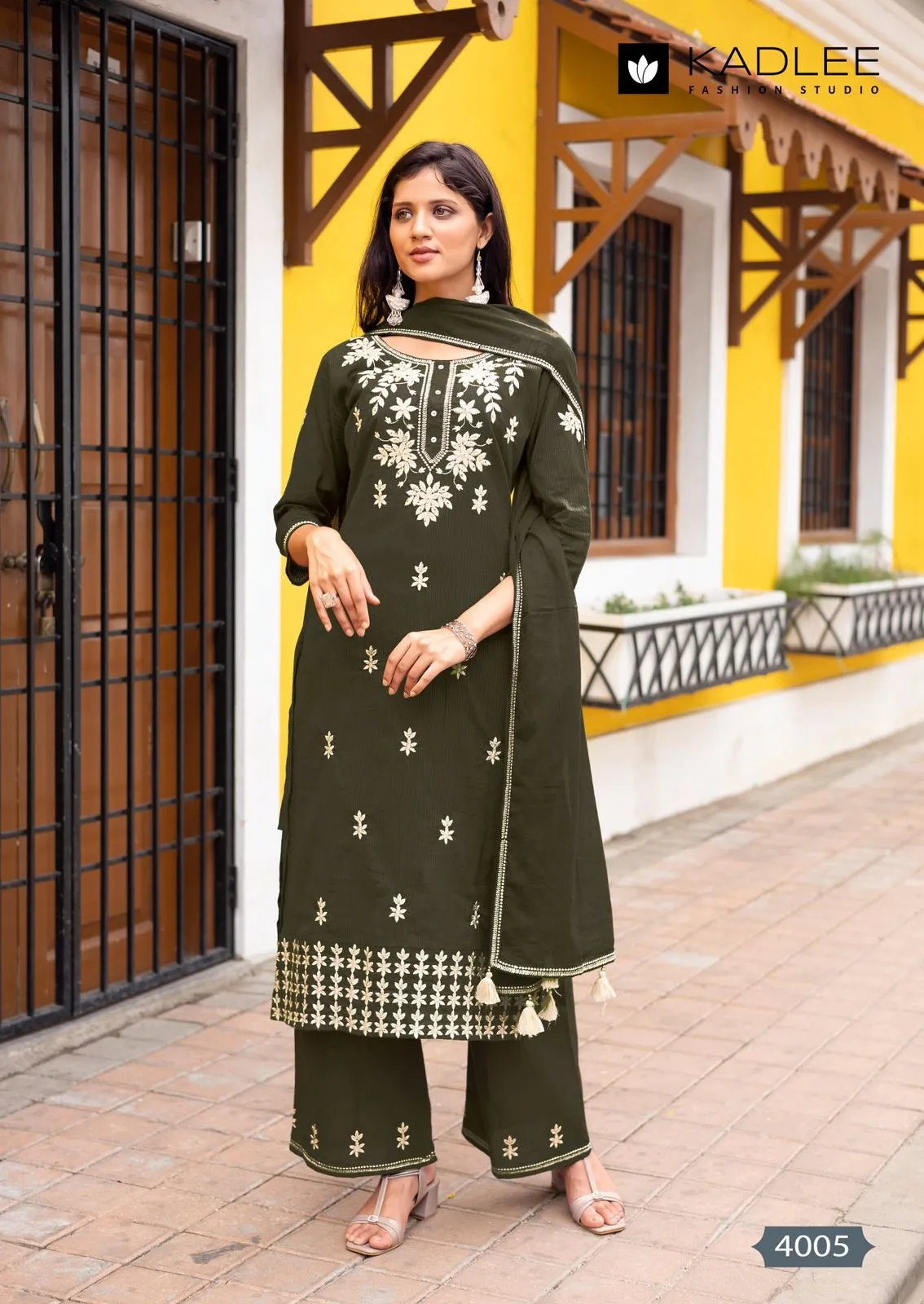 Kadlee Aarya Salli Pure Cotton Threadwork Kurti Pant and Dupatta Set — Designer Readymade Suits, Kadlee Fashion Studio wholesale from Surat - Gallery Image 2
