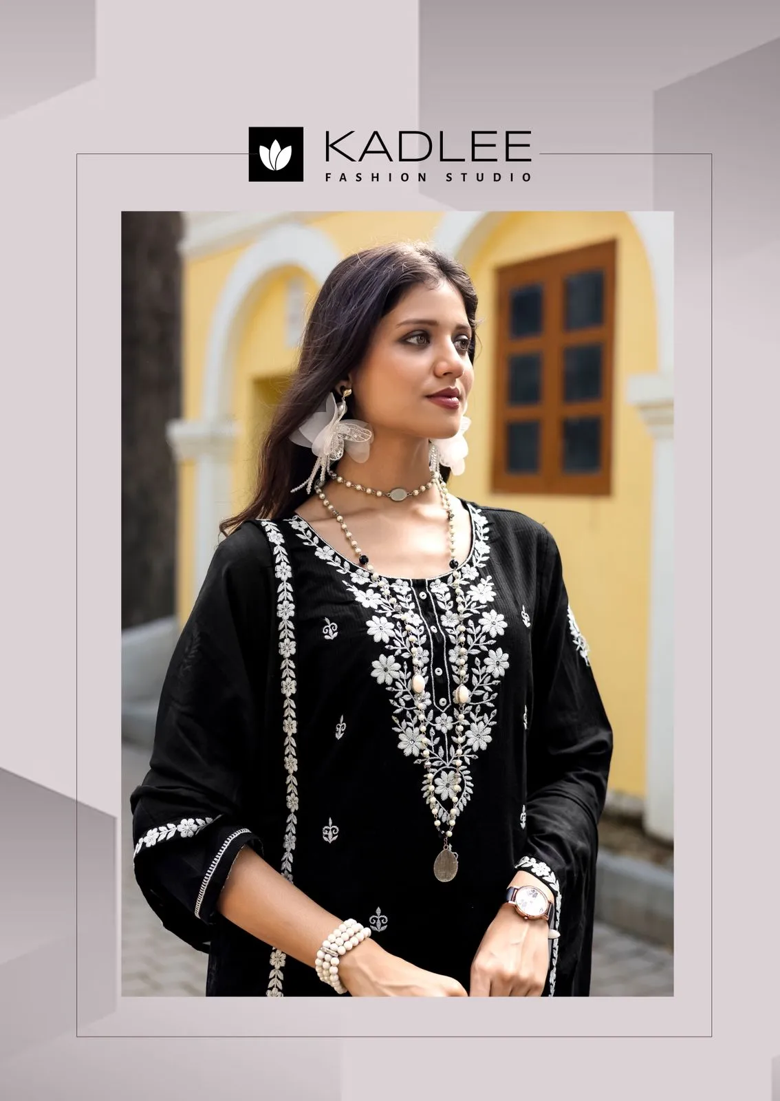 Kadlee Aarya Salli Pure Cotton Threadwork Kurti Pant and Dupatta Set — Designer Readymade Suits, Kadlee Fashion Studio wholesale from Surat - Gallery Image 3