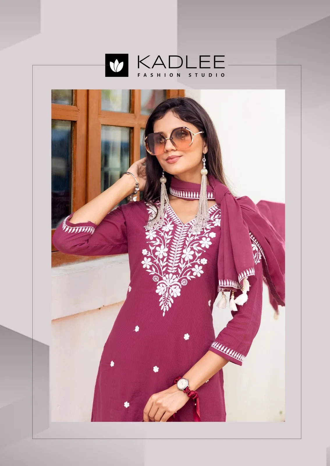 Kadlee Aarya Salli Pure Cotton Threadwork Kurti Pant and Dupatta Set — Designer Readymade Suits, Kadlee Fashion Studio wholesale from Surat - Gallery Image 4