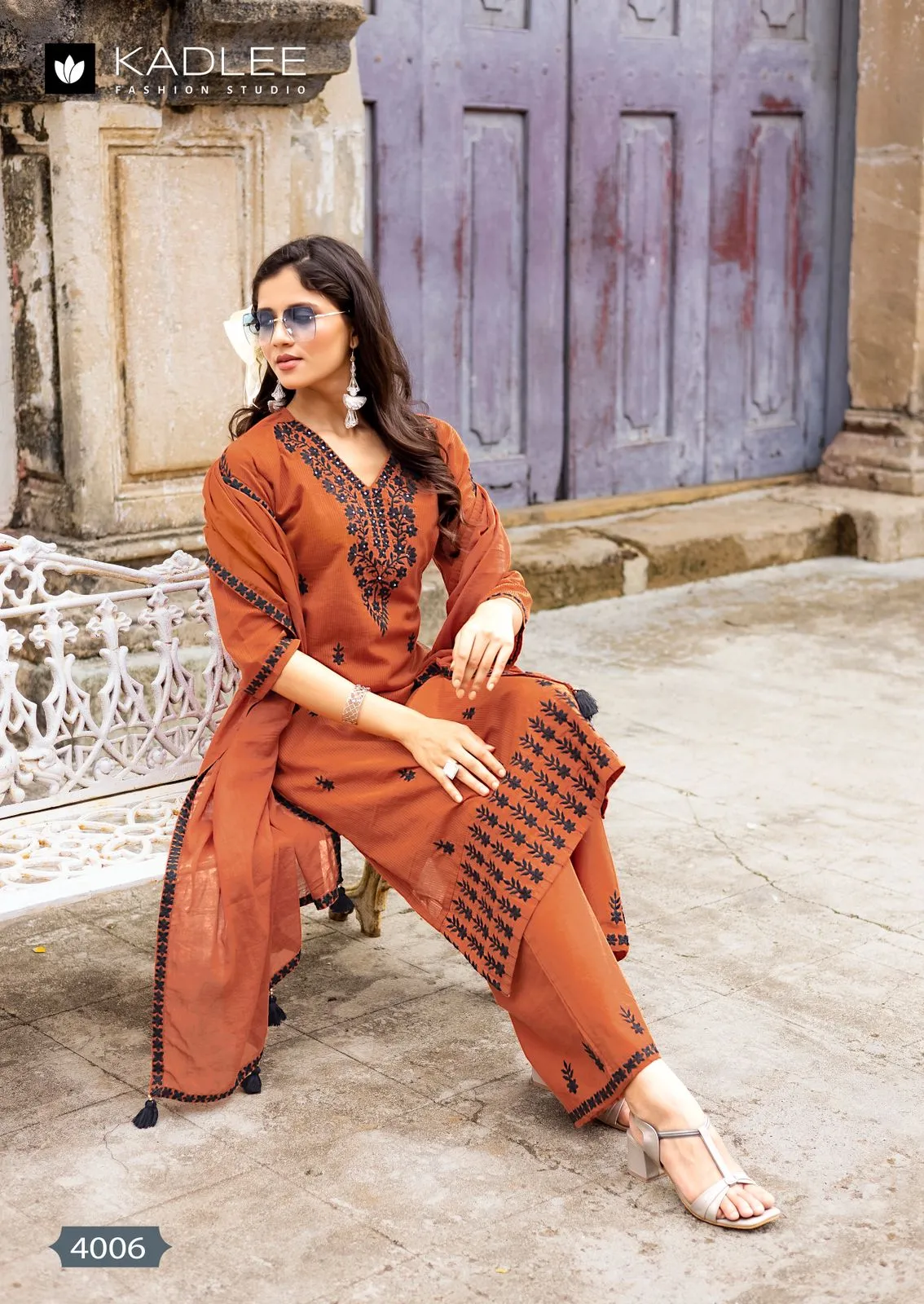 Kadlee Aarya Salli Pure Cotton Threadwork Kurti Pant and Dupatta Set — Designer Readymade Suits, Kadlee Fashion Studio wholesale from Surat - Gallery Image 6
