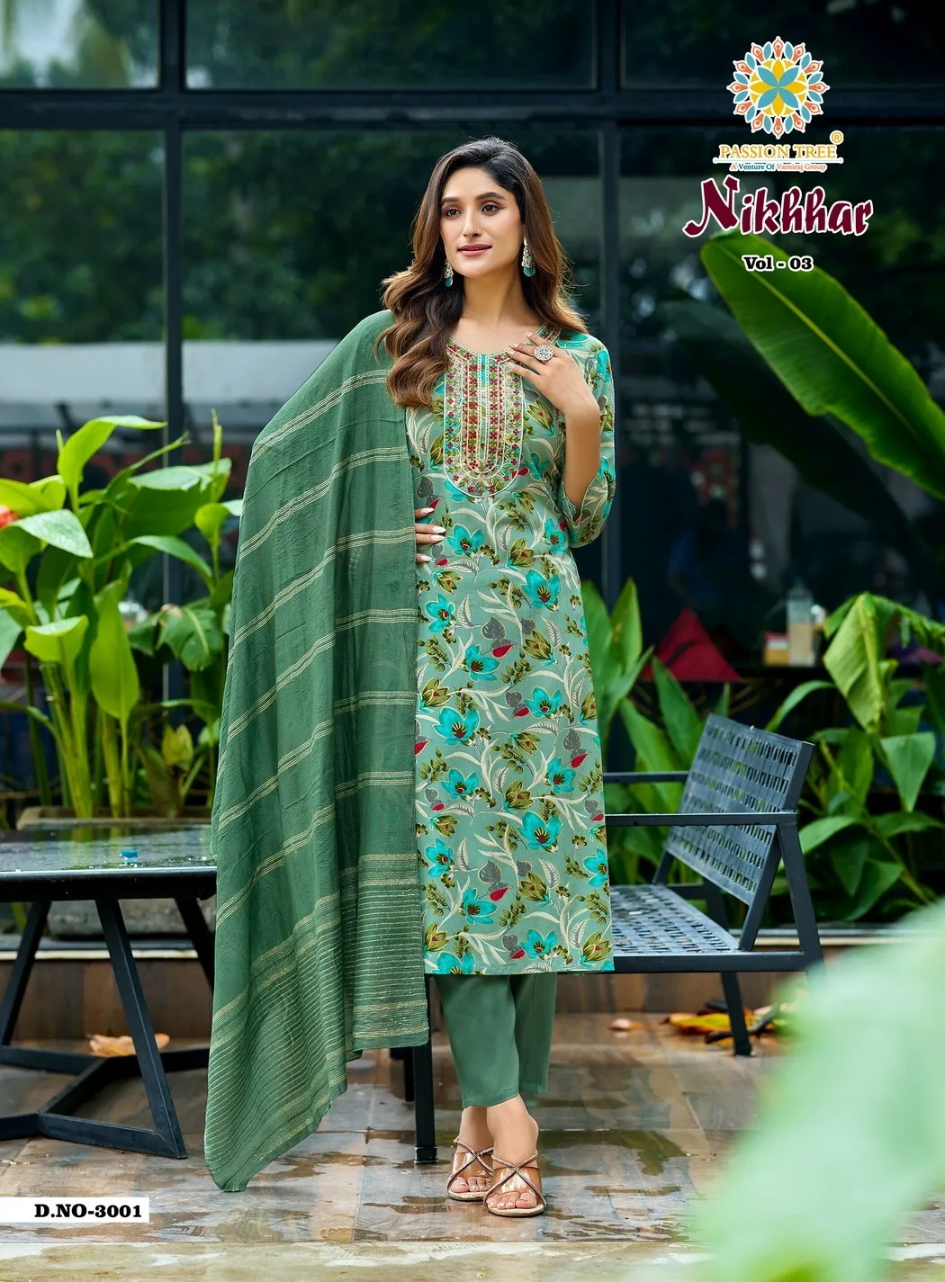 Nikhaar Vol 3 By Passion Tree Rayon Print Kurti Pant And Dupatta Set