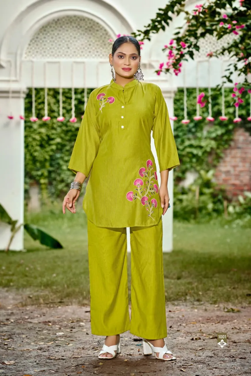Ossm Glamour Vol 2 Berlin Silk Embroidery Co Ord Set — Wholesale Cotton Kurti Pant Set, Ossm wholesale from Surat — view 2