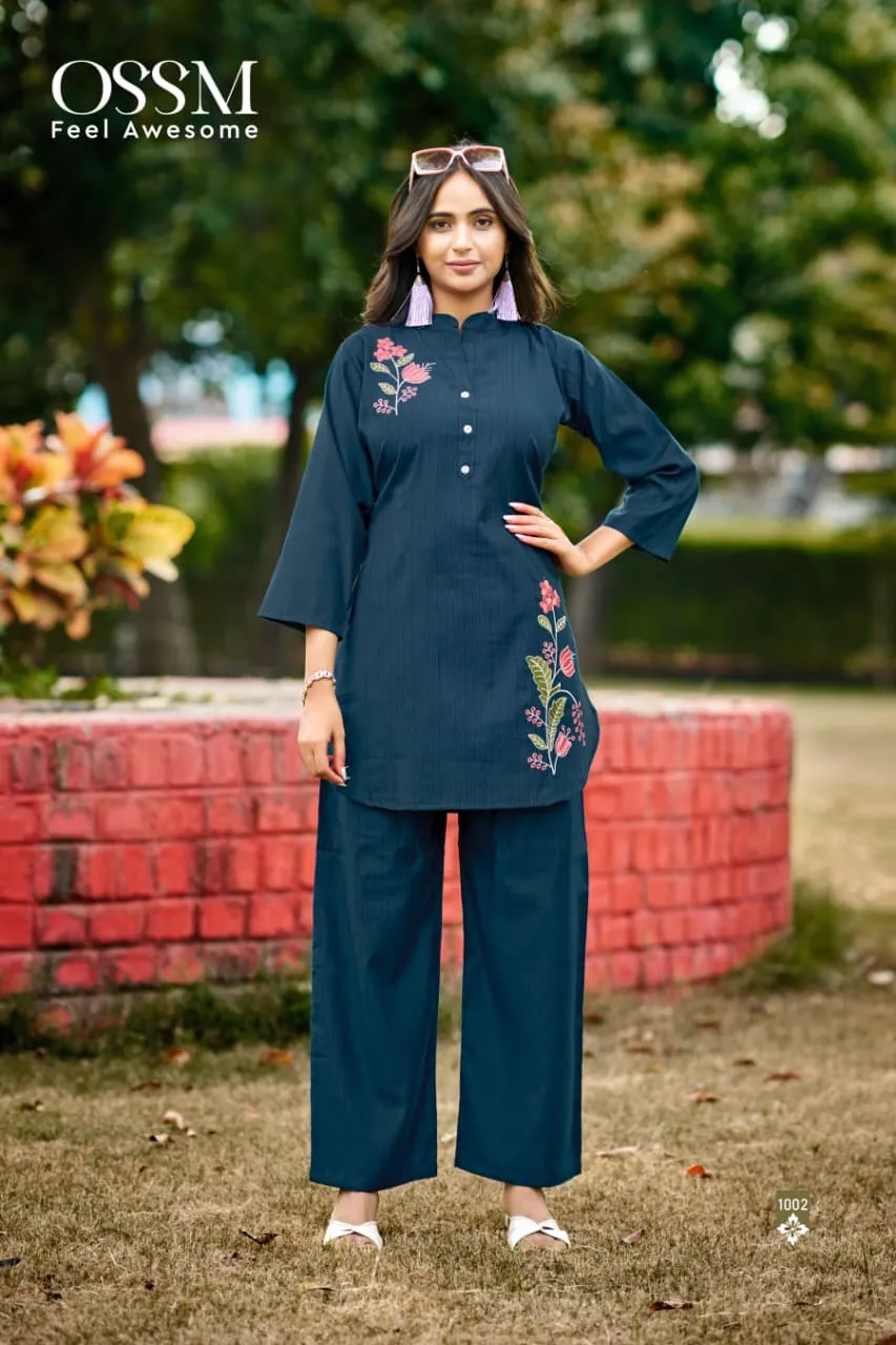 Ossm Glamour Vol 2 Berlin Silk Embroidery Co Ord Set — Wholesale Cotton Kurti Pant Set, Ossm wholesale from Surat — view 3