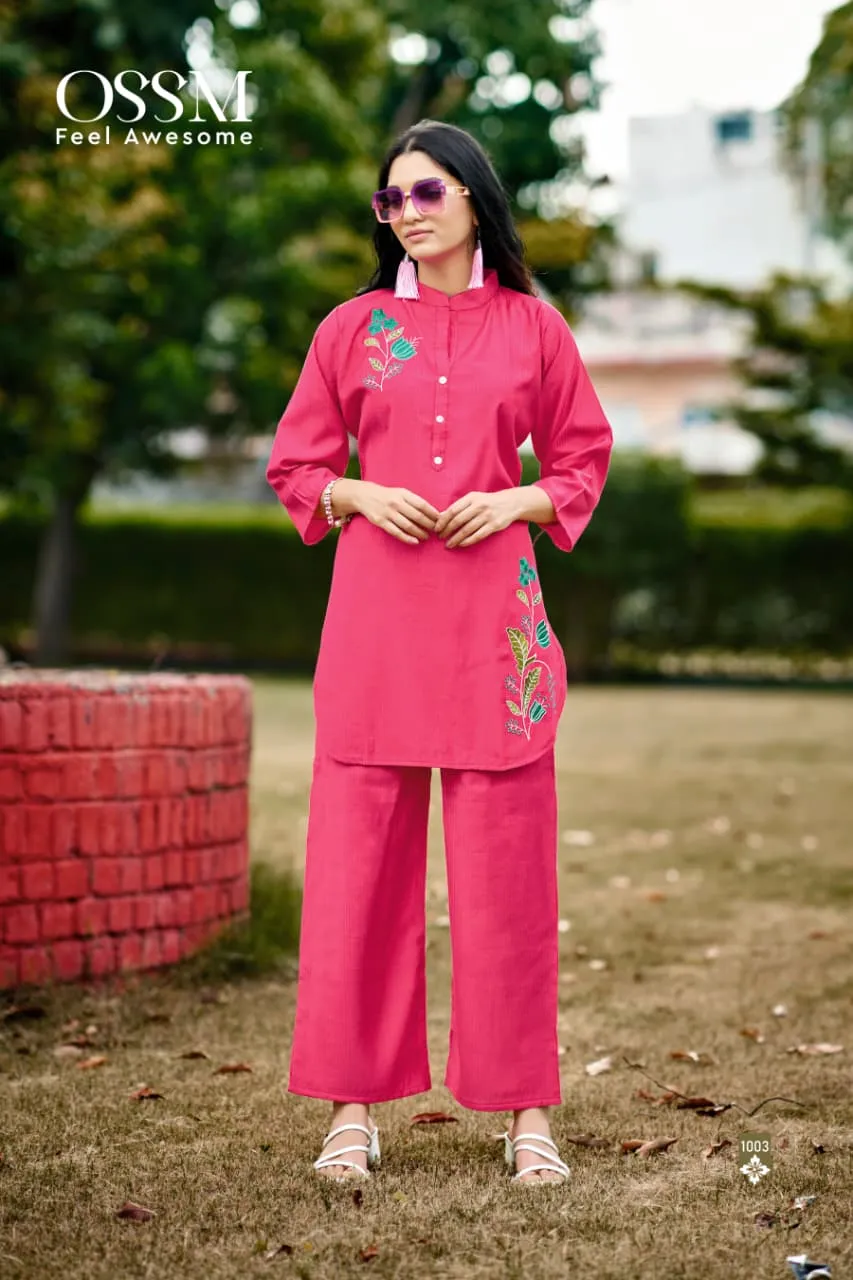 Ossm Glamour Vol 2 Berlin Silk Embroidery Co Ord Set — Wholesale Cotton Kurti Pant Set, Ossm wholesale from Surat — view 4