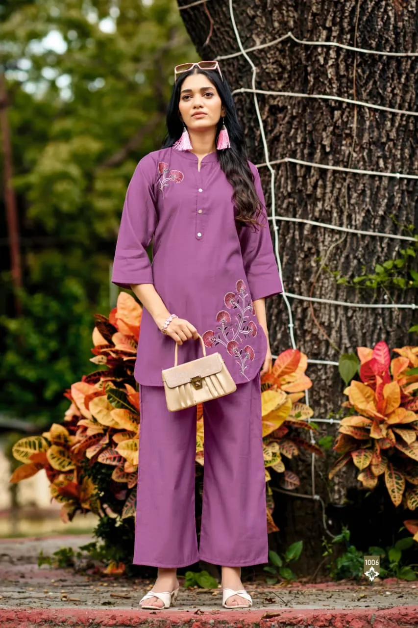 Ossm Glamour Vol 2 Berlin Silk Embroidery Co Ord Set — Wholesale Cotton Kurti Pant Set, Ossm wholesale from Surat — view 5