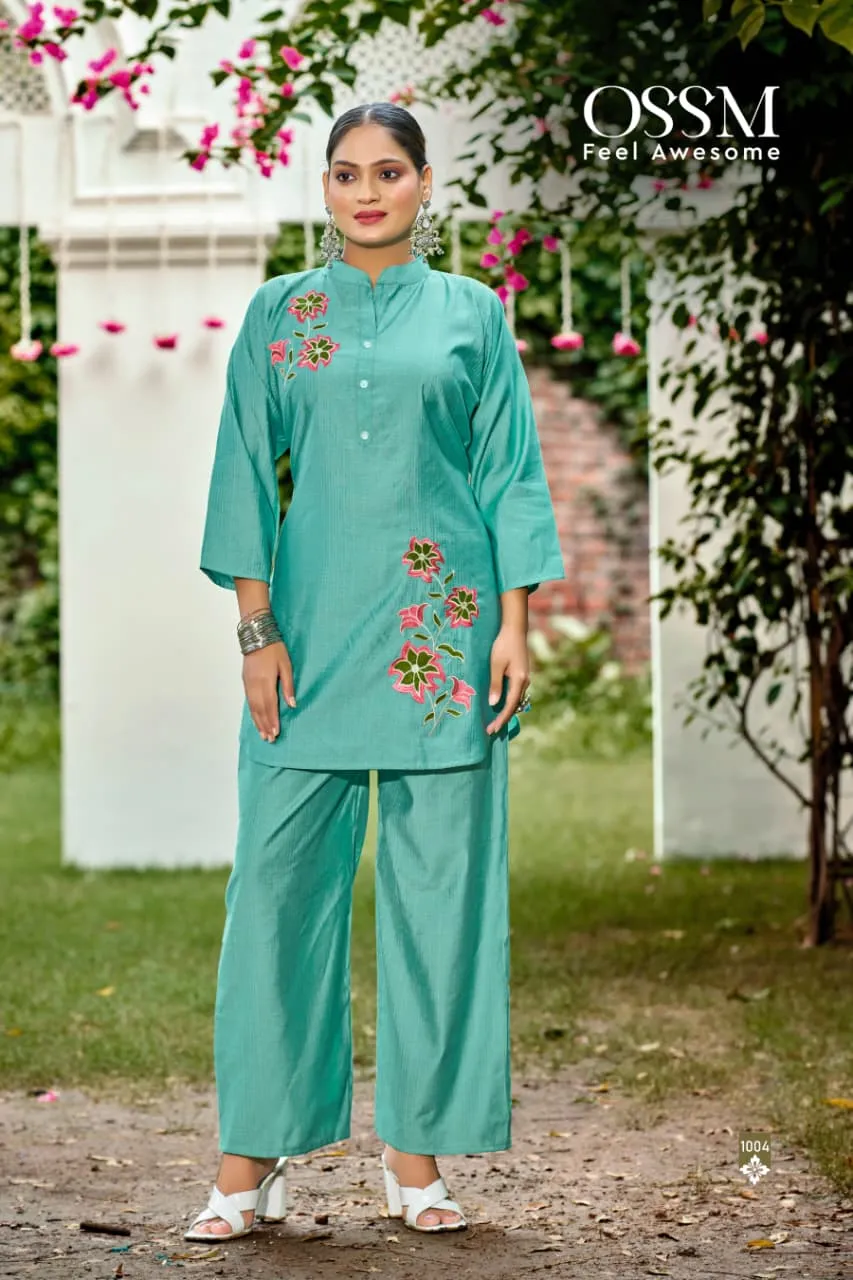Ossm Glamour Vol 2 Berlin Silk Embroidery Co Ord Set — Wholesale Cotton Kurti Pant Set, Ossm wholesale from Surat — view 6