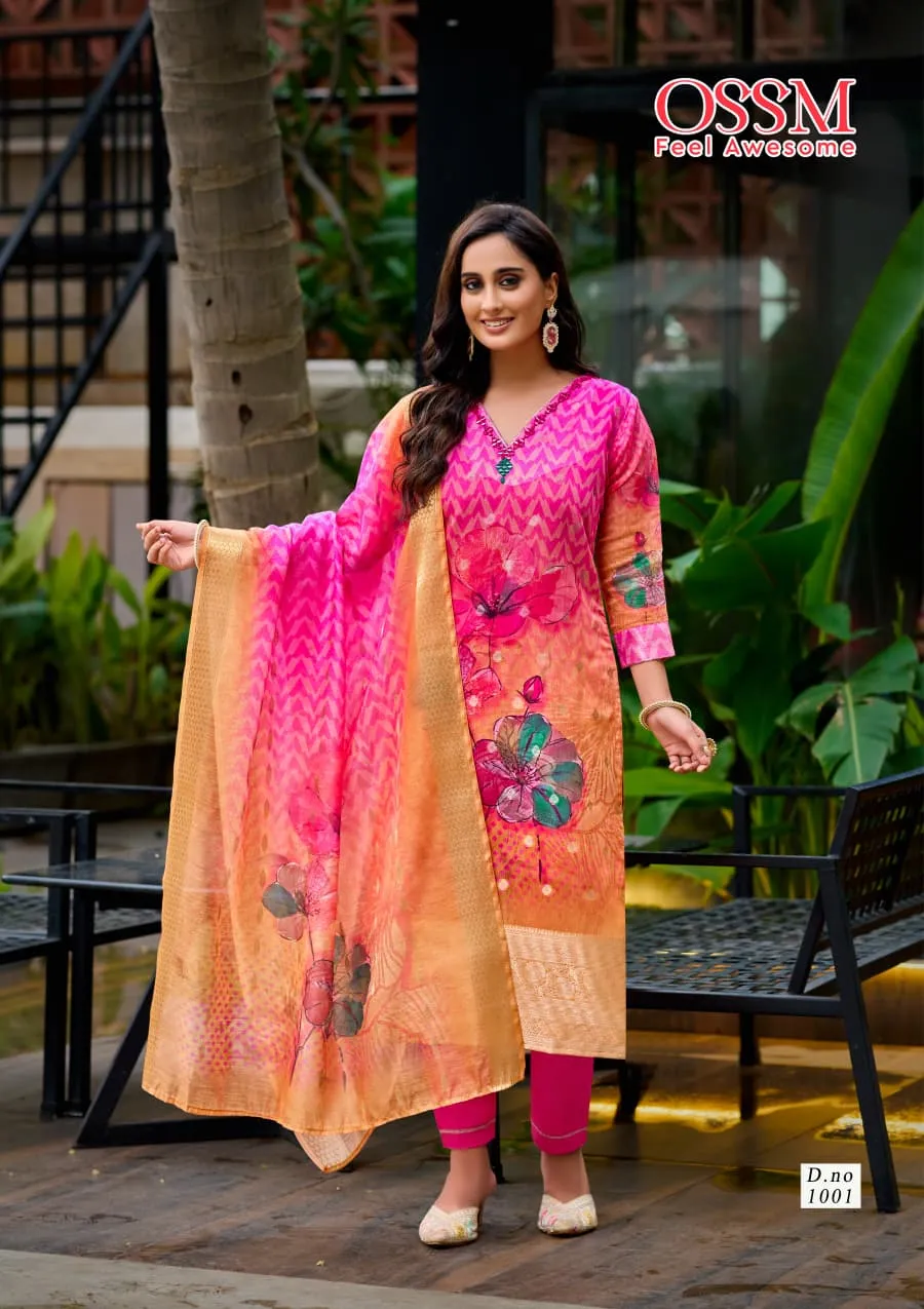 Ossm Sajni Silk Jacquard Printed Kurti Pant And Dupatta Set