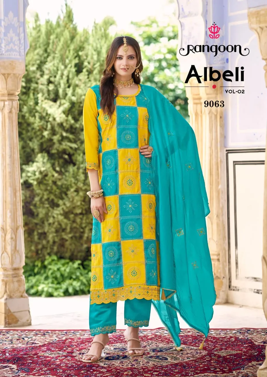 Rangoon Albeli Vol 2 Silk Fancy Work Kurti Pant And Dupatta Set