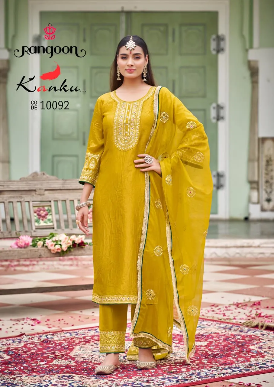 Rangoon Kanku Gold Crush With Fancy Work Readymade Suit