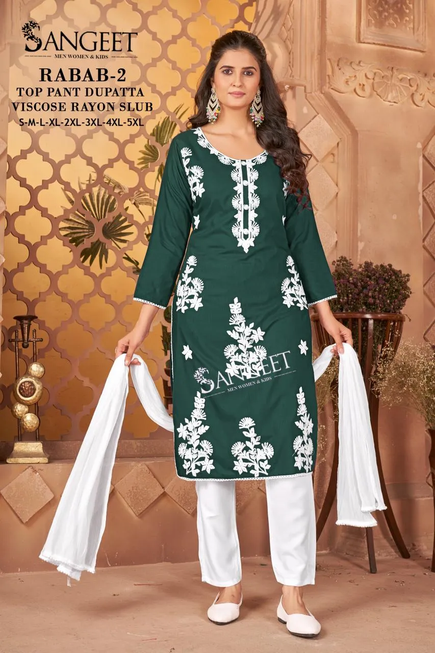 Sangeet Rabab Vol 2 Viscose Rayon Slub Kurti Pant And Dupatta Set