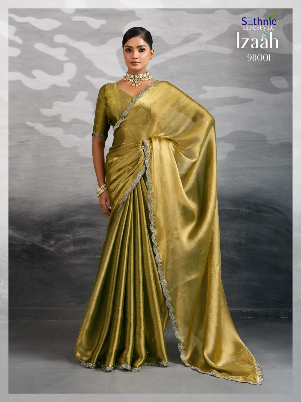 Sethnic Izaah Burberry Chiffon Gold Shine Festival Wear Saree