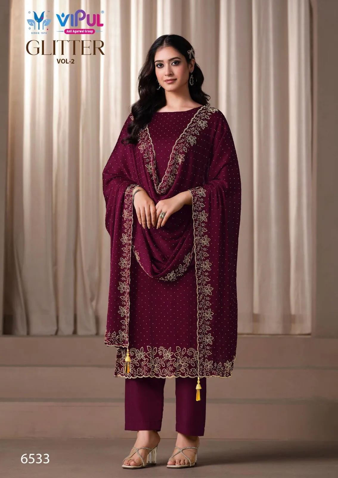 Vipul Glitter Vol 2 Satin Chiffon Desogner Salwar Suit Set