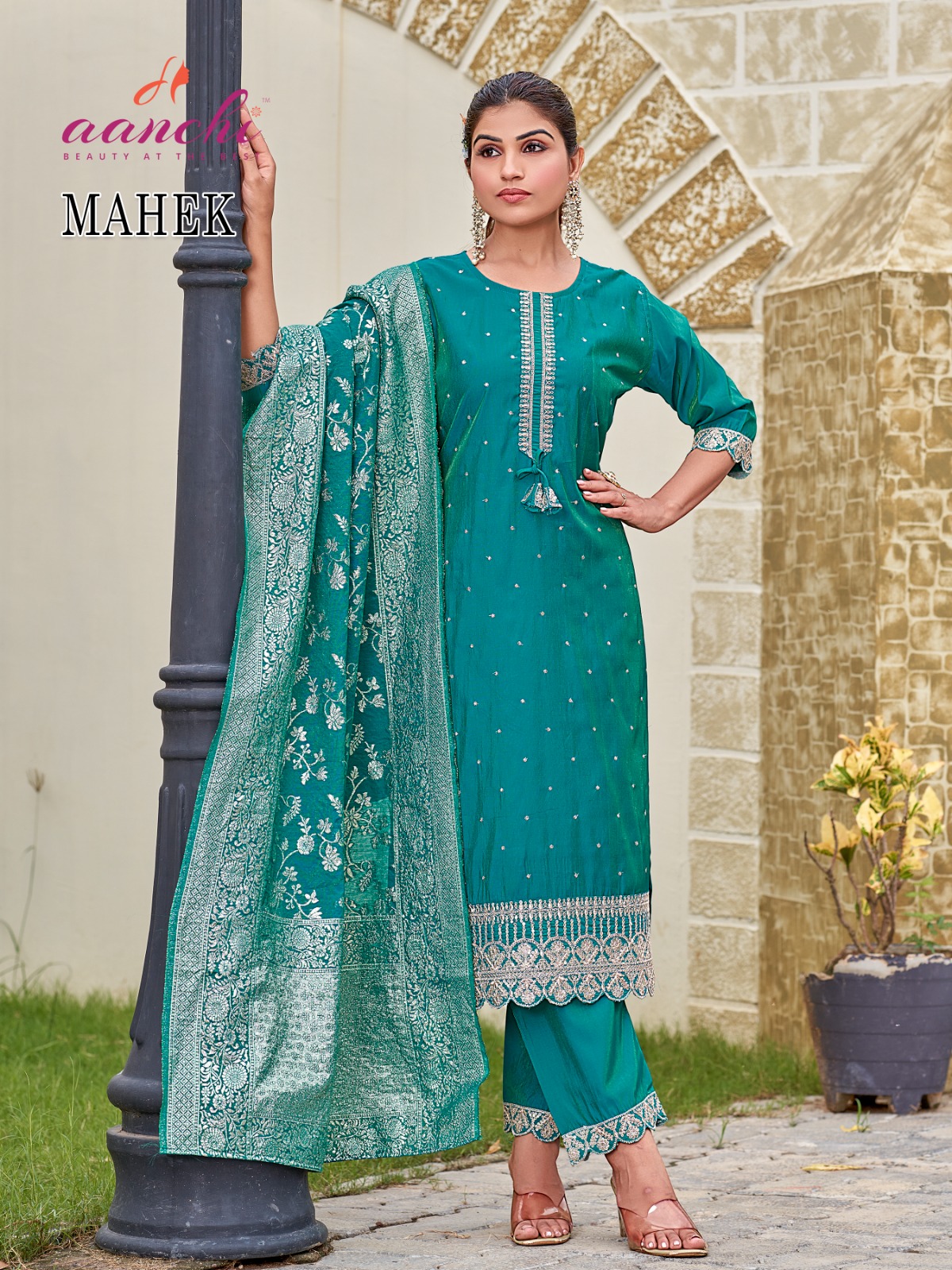 AANCHI Mahek Wholesale Straight Roman Shimmer Kurti With Bottom Dupatta - Image 3