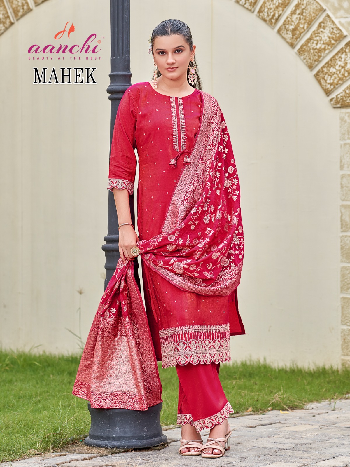 AANCHI Mahek Wholesale Straight Roman Shimmer Kurti With Bottom Dupatta - Image 4