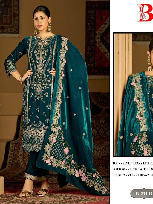 Bilqis B 211 A To D Wholesale Velvet Embroidered Handwork Pakistani Salwar Kameez