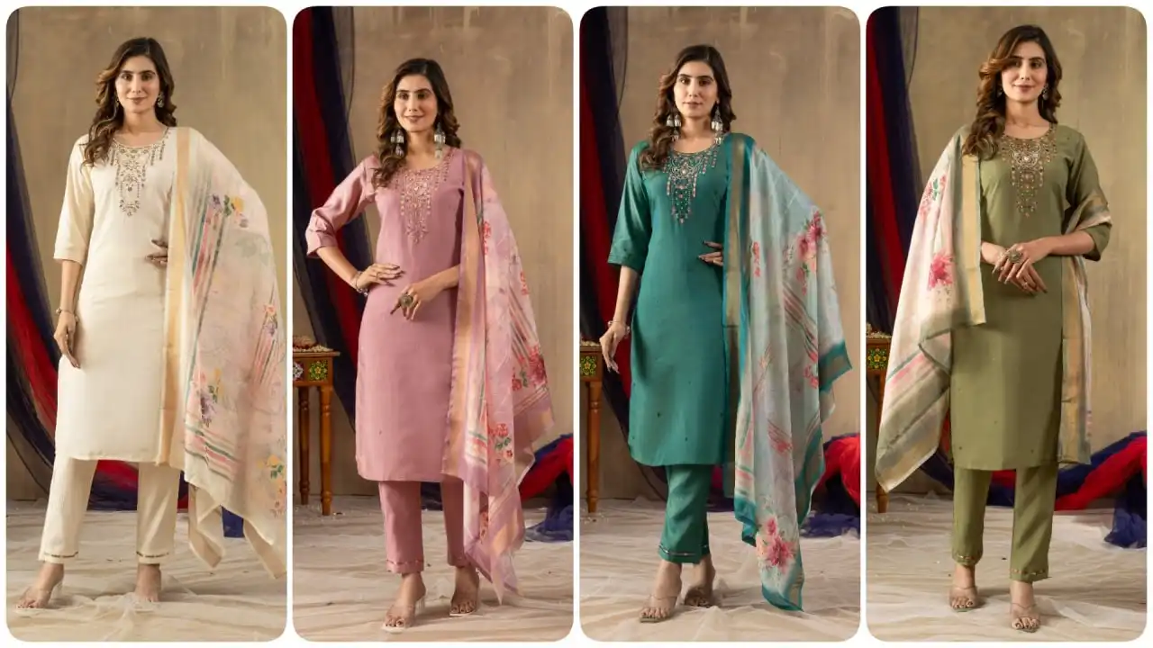 Lila 07 Wholesale Gold Silk ALine Kurti With Bottom Dupatta - Image 5