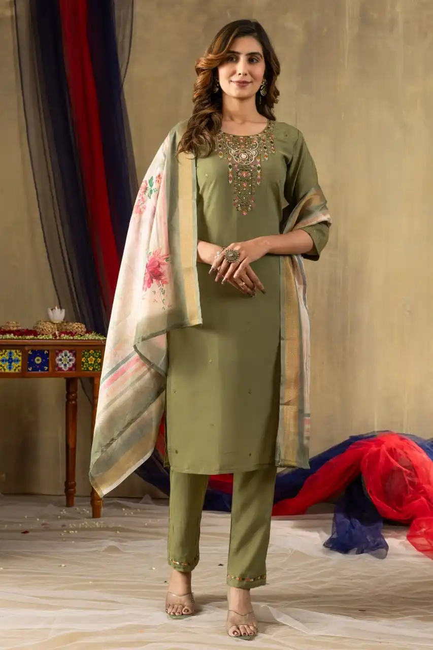 Lila 07 Wholesale Gold Silk ALine Kurti With Bottom Dupatta - Image 2