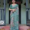 Linen 149 Teal Green Floral Linen Saree Catalog
