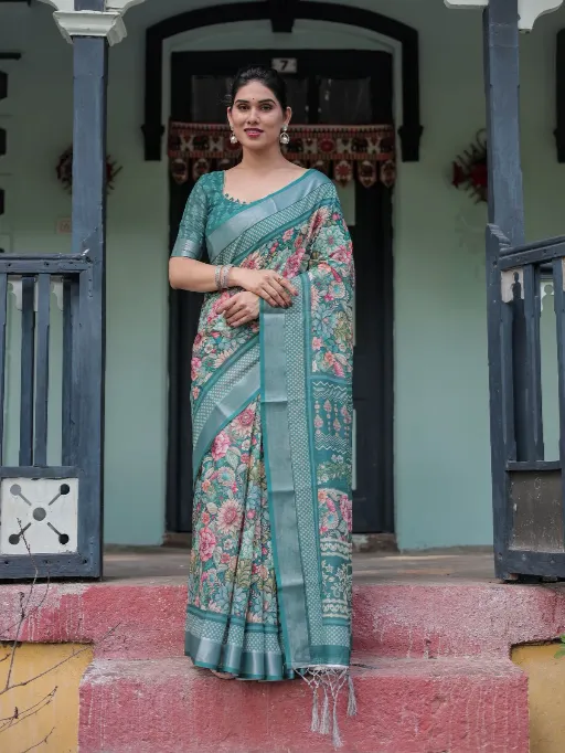 Linen 149 Teal Green Floral Linen Saree Catalog