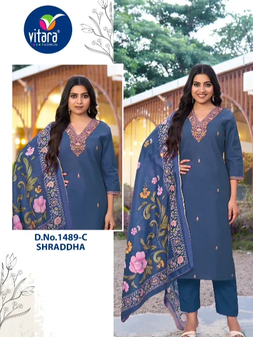 Vitara Shraddha Wholesale Silk Embroidery Kurti With Bottom Dupatta Collection - Image 3