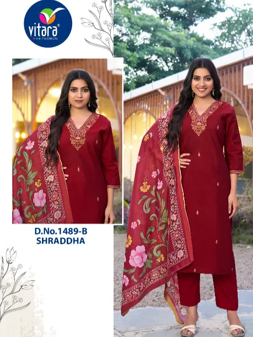 Vitara Shraddha Wholesale Silk Embroidery Kurti With Bottom Dupatta Collection - Image 2