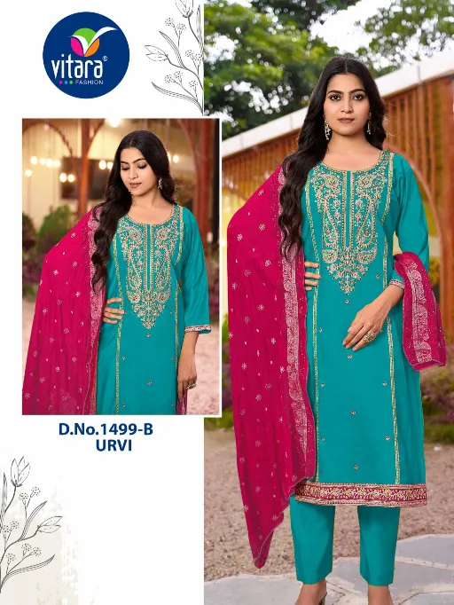 Vitara Urvi Gadhwal Wholesale Silk Embroidery Kurti With Bottom Dupatta Collection