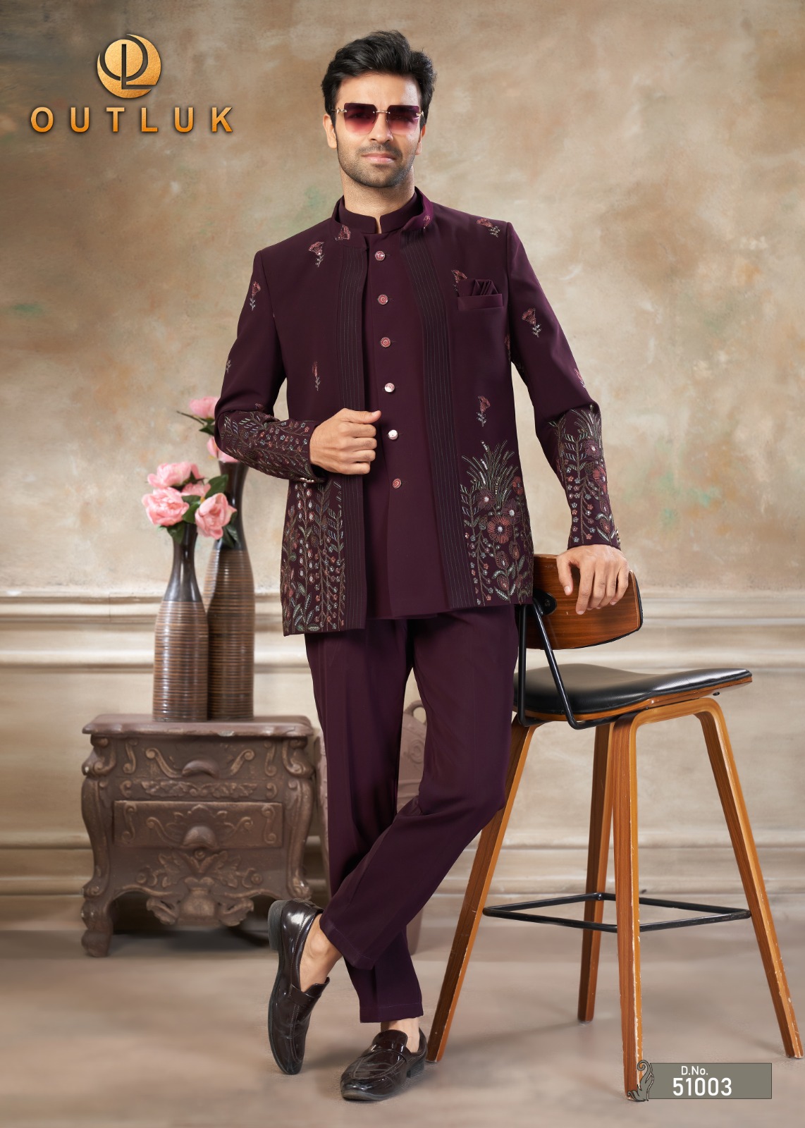 Outluk Wedding Rayon Embroidery Work Mens Indo Western Set