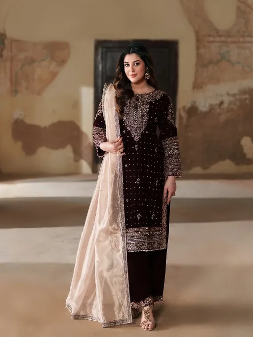 NSR-874 Premium Velvet Embroidered Readymae Suit Set