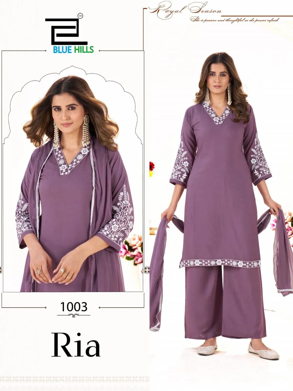 Blue Hills Ria Rayon With Thread Work Kurti Pant And Dupatta Set