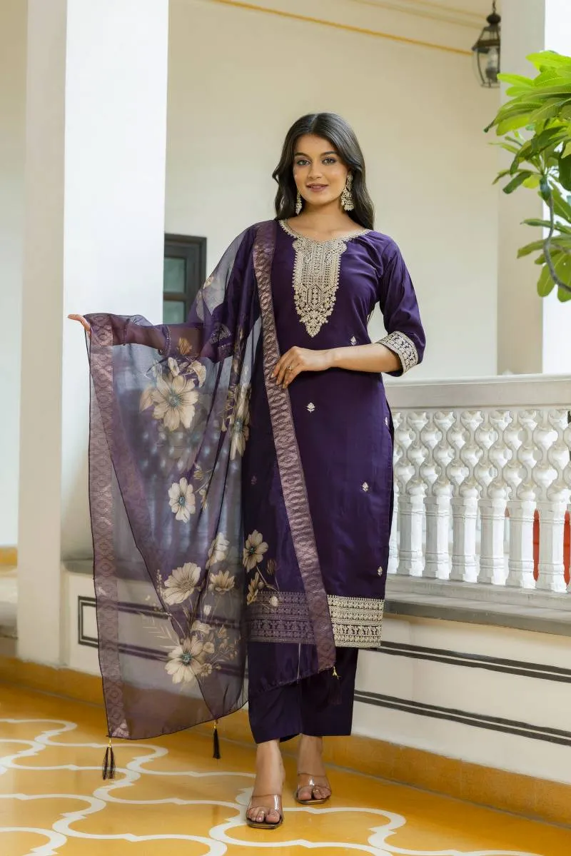 Hr 34 Viscose Chanderi Embroidery Kurti Pant And Dupatta Set
