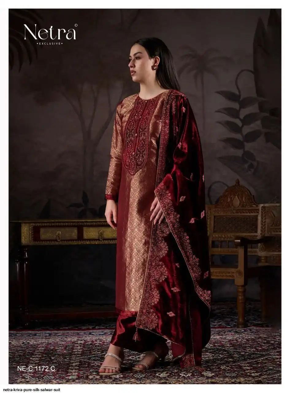 Netra Kriva Premium Pure Silk Embroidered Salwar Suit - Image 4