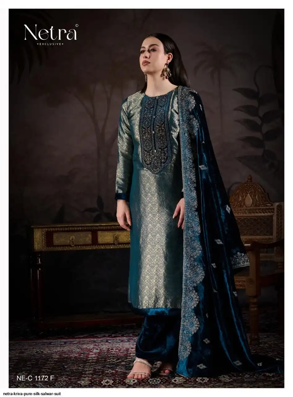 Netra Kriva Premium Pure Silk Embroidered Salwar Suit - Image 3