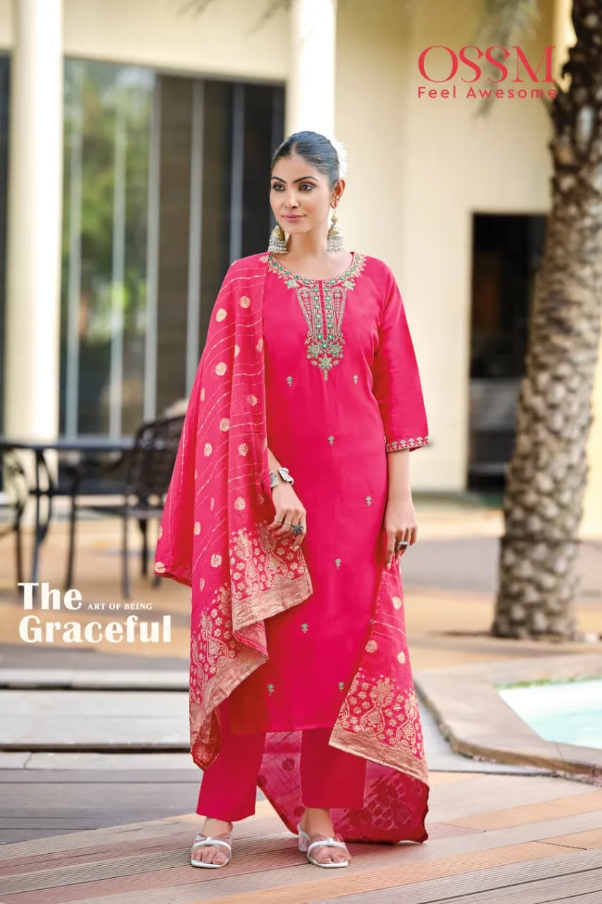 Ossm Heer Roman Silk Embroidery Work Kurti Pant And Dupatta Set