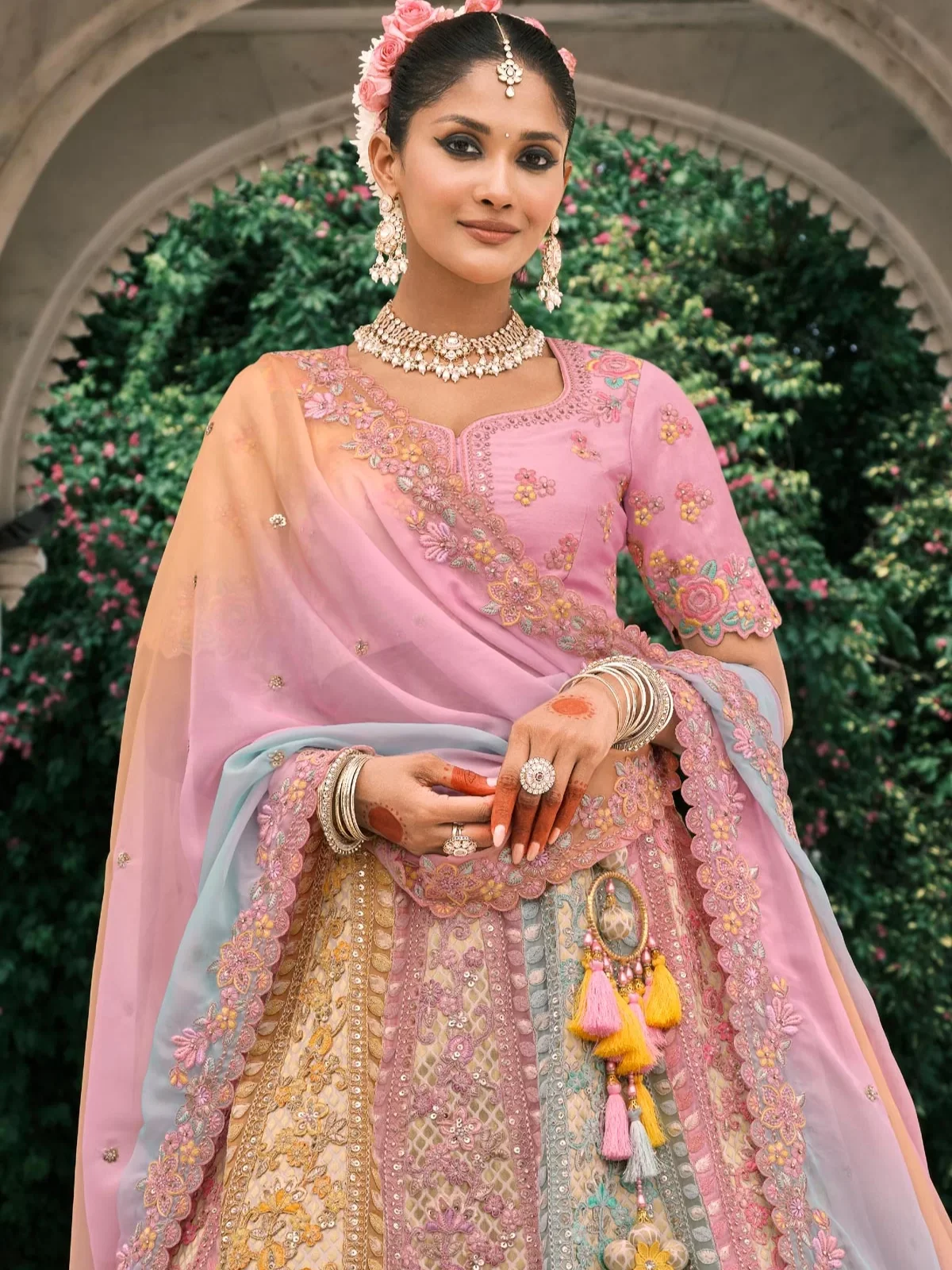 Multi-Colour Pastel Designer Embroidery Work Bridal Lehenga Choli - Image 3