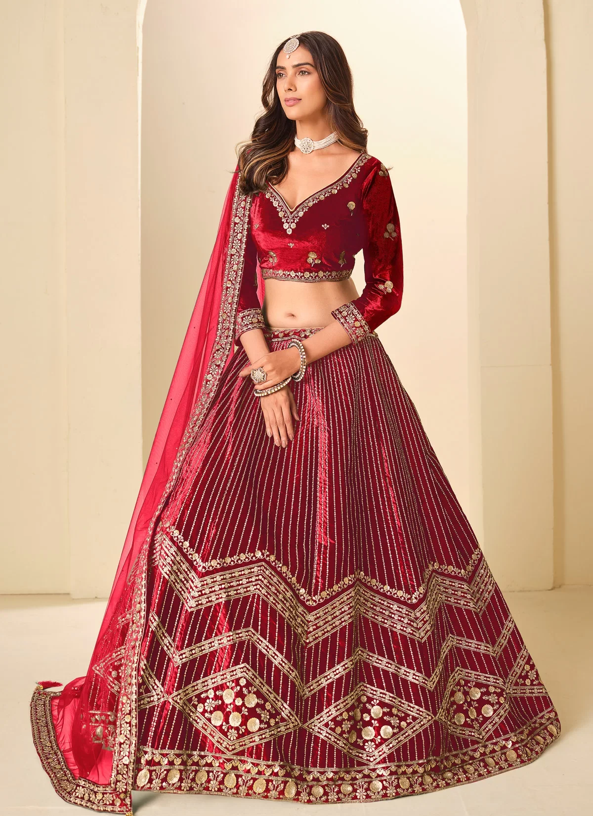 Velvet Designer Trendy Red Lehenga Choli with Net Dupatta - Image 3