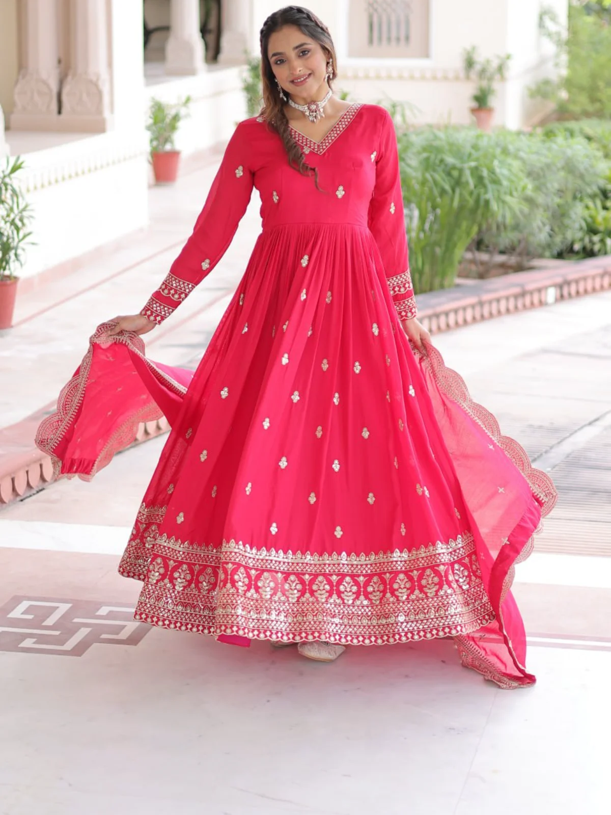 LW-9281 Vichitra Silk Embroidered Readymade Gown with Dupatta - Image 2