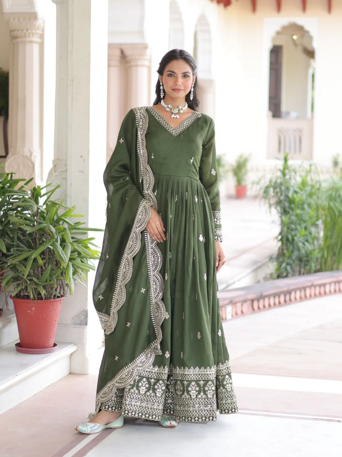 LW-9281 Vichitra Silk Embroidered Readymade Gown with Dupatta - Image 5