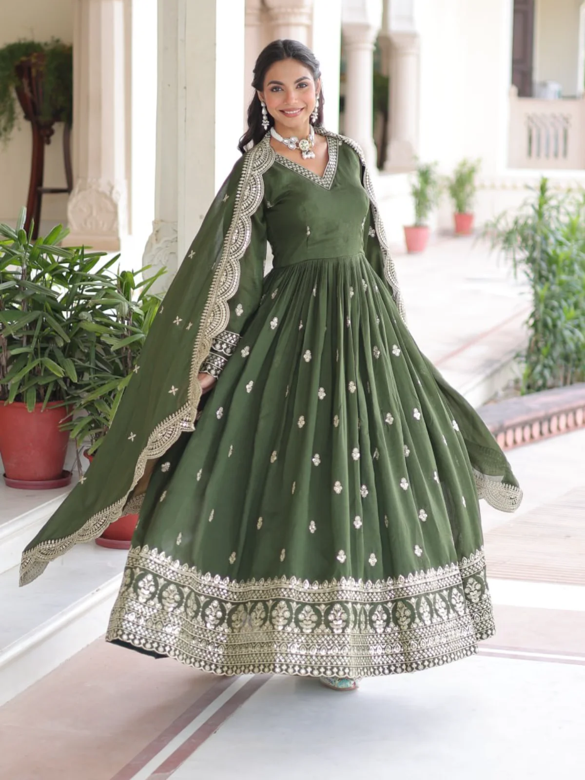 LW-9281 Vichitra Silk Embroidered Readymade Gown with Dupatta - Image 4
