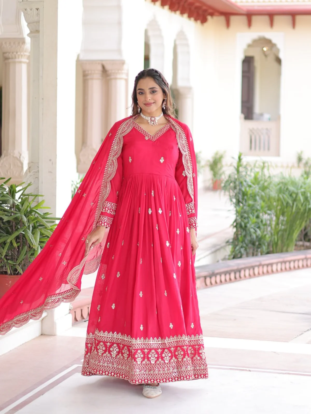 LW-9281 Vichitra Silk Embroidered Readymade Gown with Dupatta - Image 8