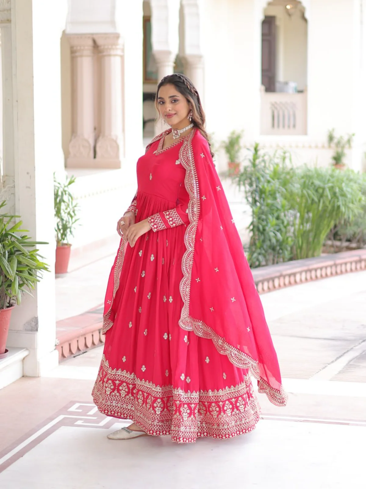 LW-9281 Vichitra Silk Embroidered Readymade Gown with Dupatta - Image 9