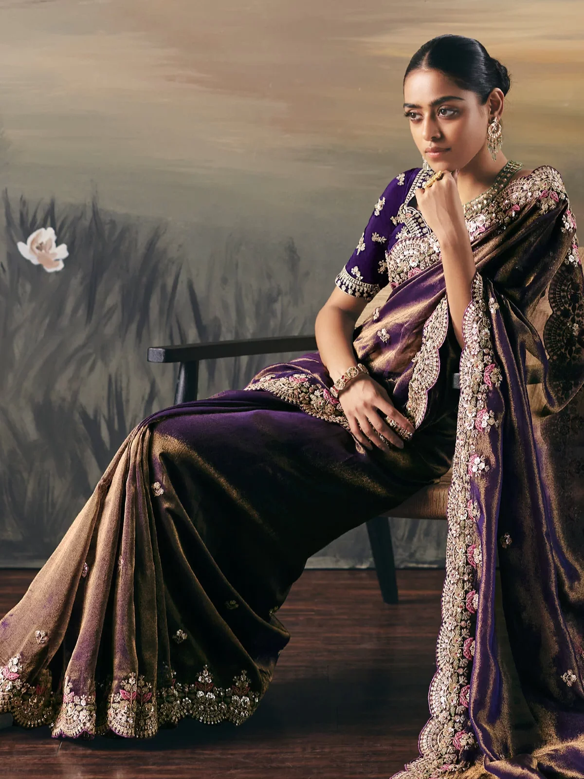 Purple Tissue Traditional Premium Tissue Zari Silk Embroidery Saree - Image 2
